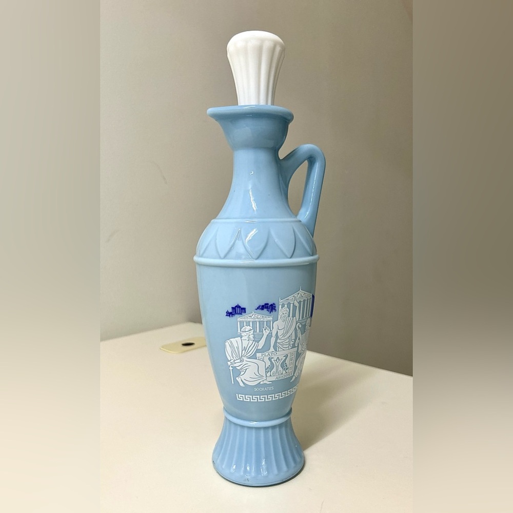 1961 Vintage Jim Beam Blue Grecian Milk Glass Bourbon Decanter with Cork Stopper
